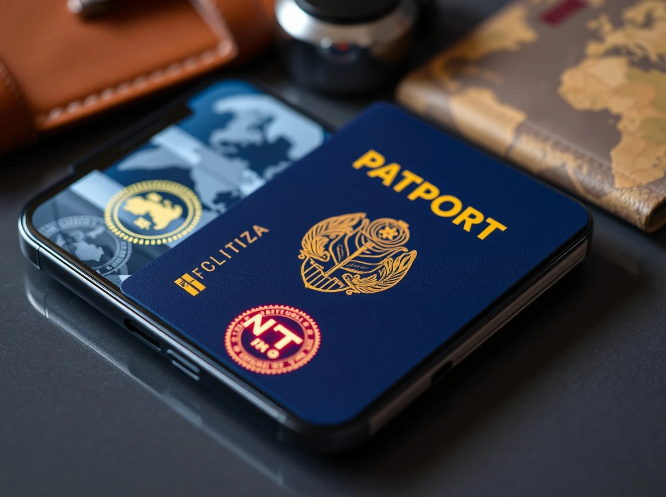 American Express NFT passport stamps displayed on digital device showing blockchain travel souvenirs