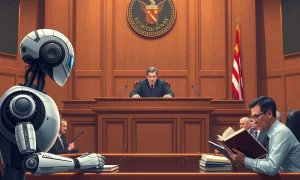 Anthropic copyright settlement courtroom scene with AI and authors