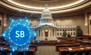 California AI safety bill SB 53 legislative document with neural network visualization representing AI governance