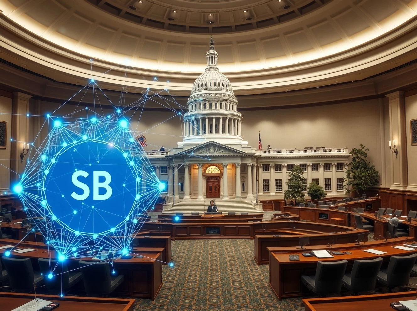 California AI safety bill SB 53 legislative document with neural network visualization representing AI governance