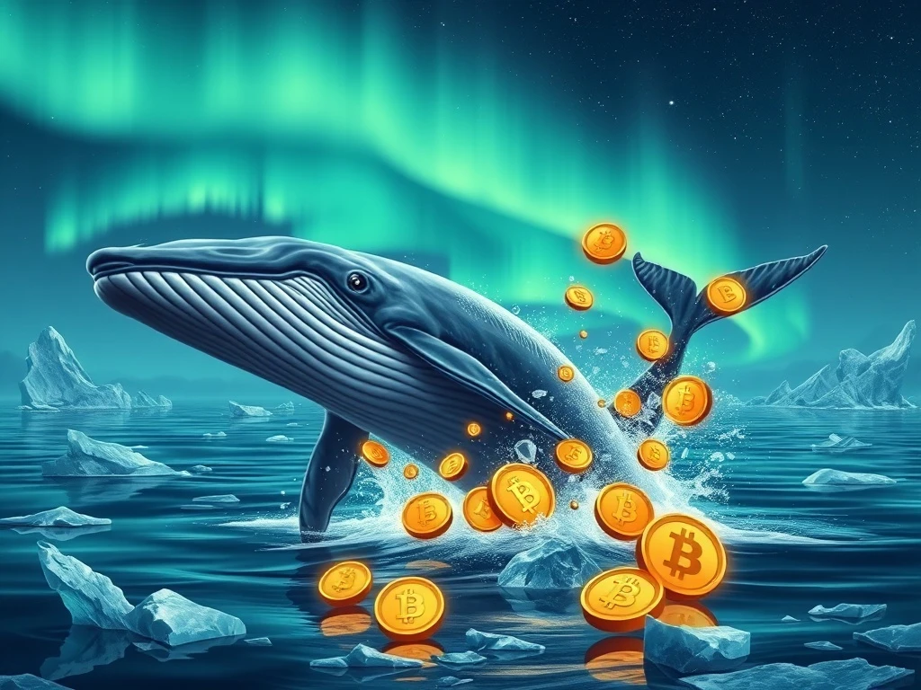 Arctic whale breaching through crypto coins representing meme coin presale success and whale investment activity