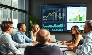 Asset management gender diversity meeting showing mixed team analyzing financial data