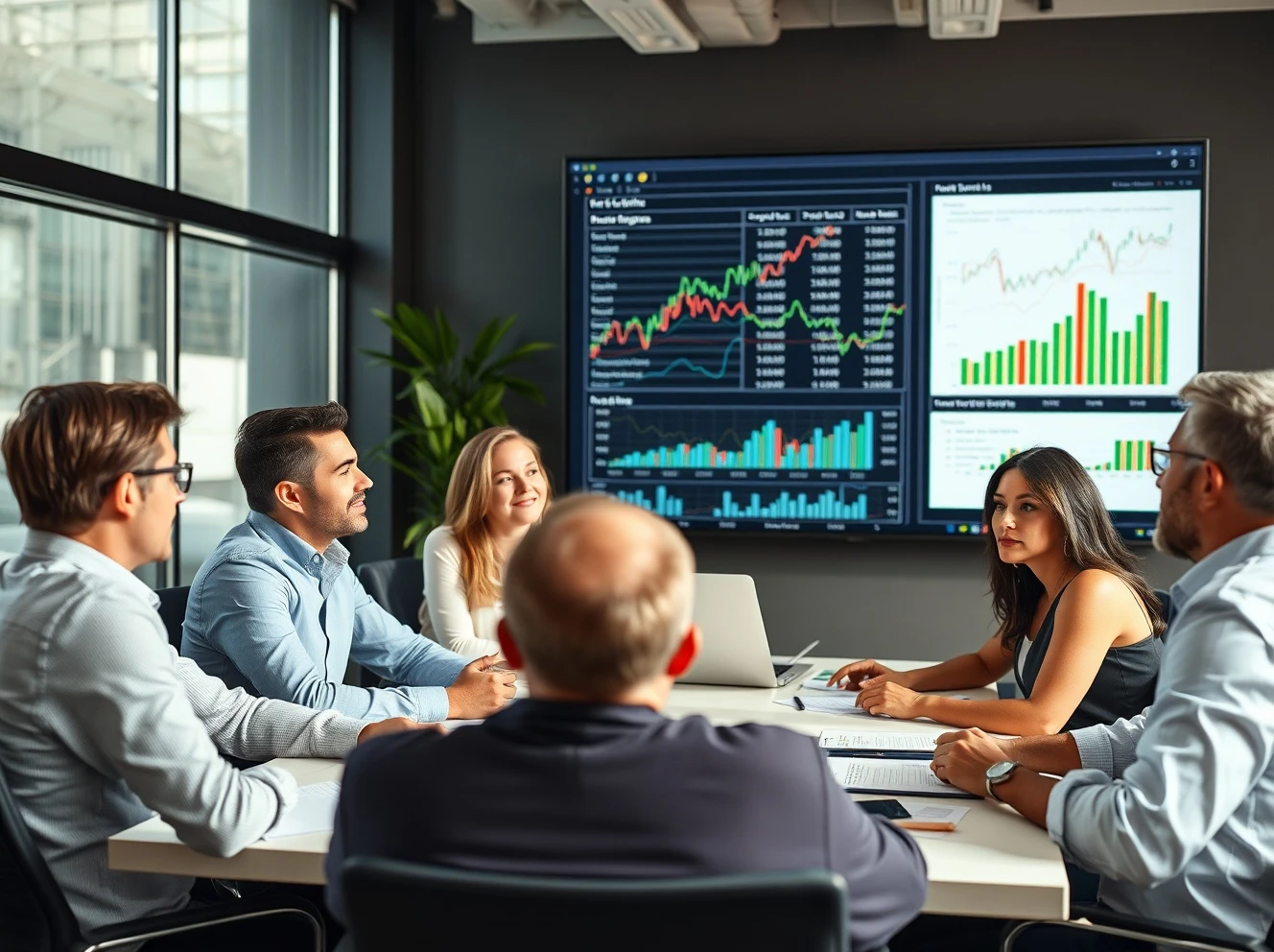 Asset management gender diversity meeting showing mixed team analyzing financial data