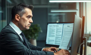 AT&T executive reviewing problematic employee policy implementation documents on computer screen