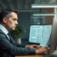 AT&T executive reviewing problematic employee policy implementation documents on computer screen