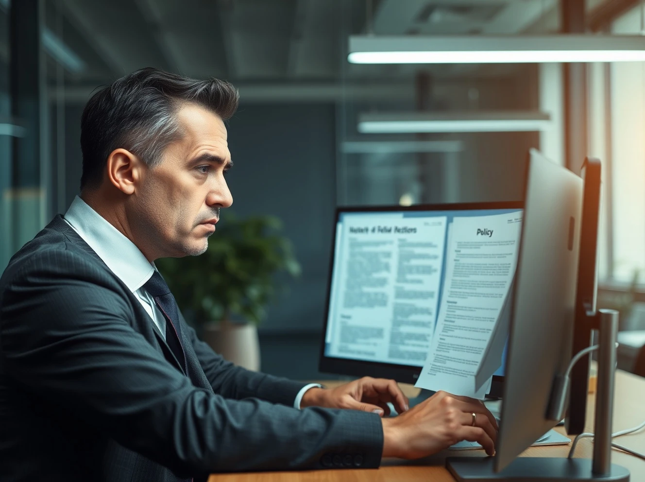 AT&T executive reviewing problematic employee policy implementation documents on computer screen