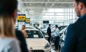 American consumers facing record new car prices at modern dealership showroom