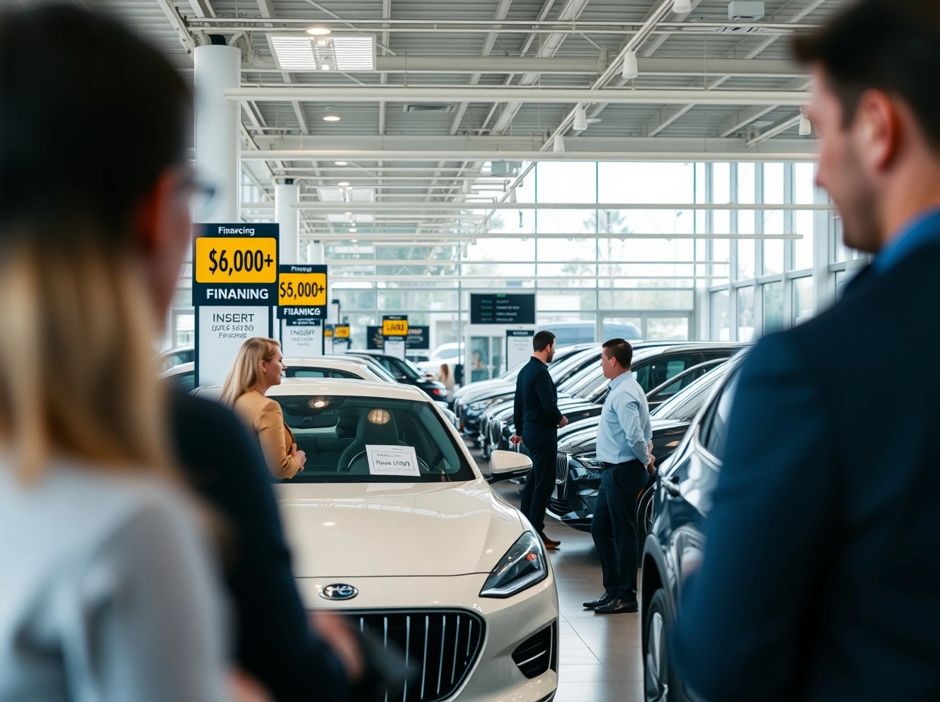 American consumers facing record new car prices at modern dealership showroom