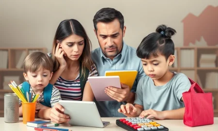 Family facing economic pressure on back-to-school spending due to inflation, with stock market trends in the background.