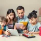 Family facing economic pressure on back-to-school spending due to inflation, with stock market trends in the background.