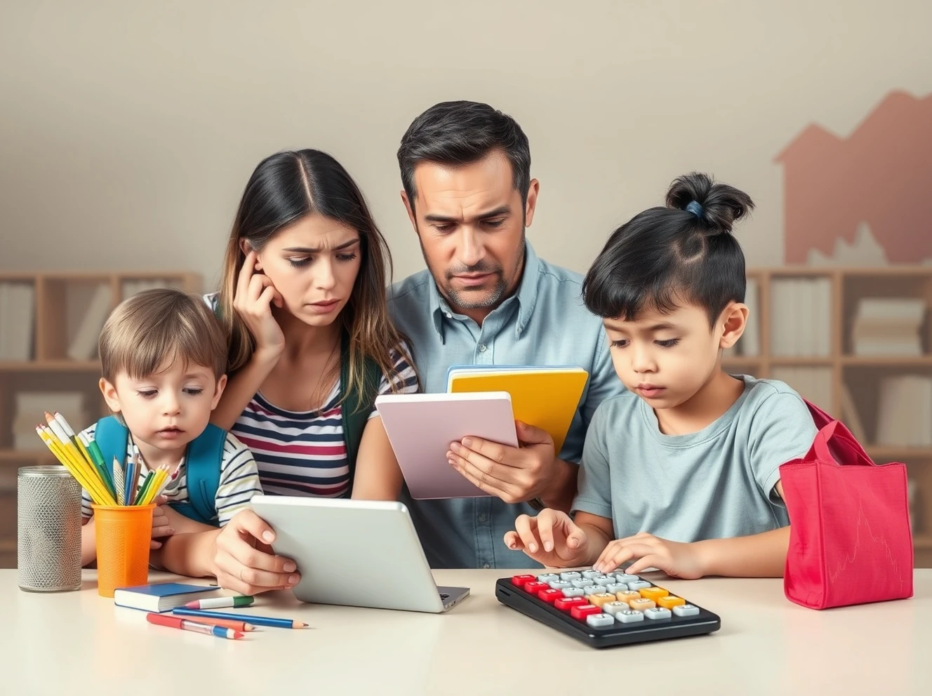 Family facing economic pressure on back-to-school spending due to inflation, with stock market trends in the background.