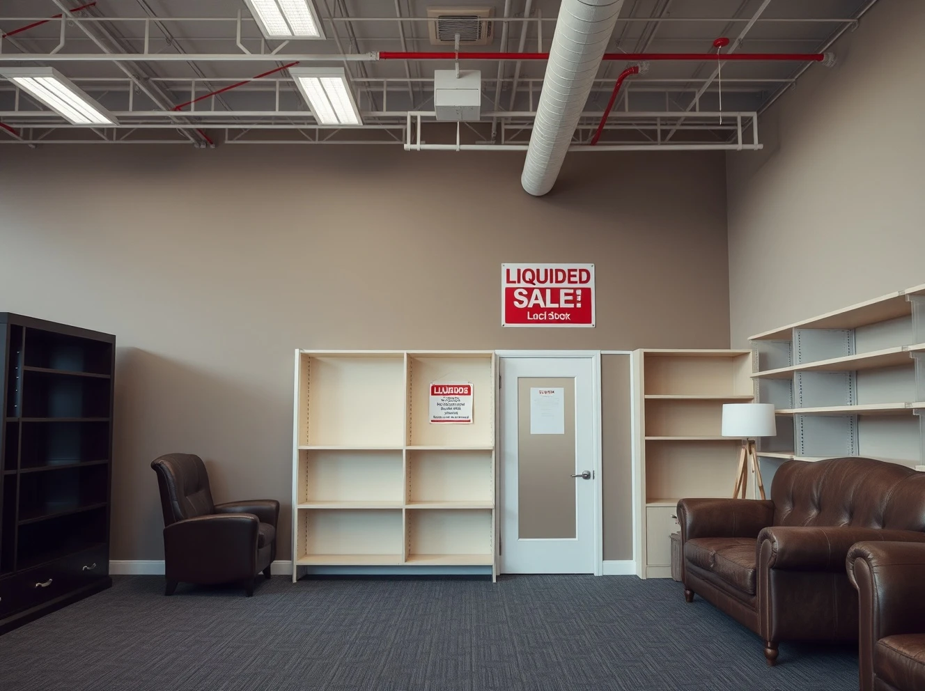Bankrupt furniture chain store closure with liquidation sale signs and empty showroom