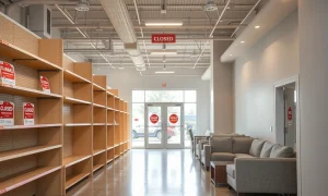 Bankrupt furniture chain store closure with liquidation sale signs and empty showroom