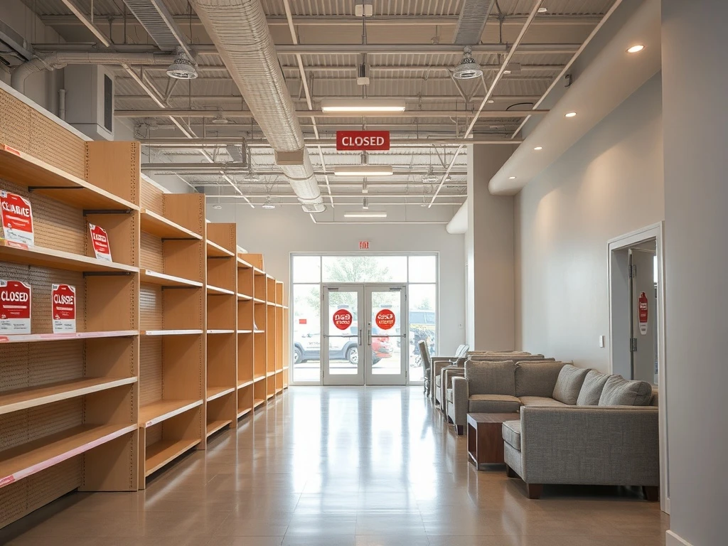 Bankrupt furniture chain store closure with liquidation sale signs and empty showroom