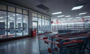 Bankrupt retail chain implementing massive store closures across multiple locations with empty shelves and closed signs