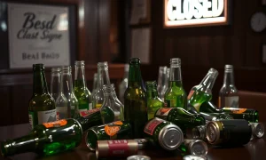 Closed beer brand showing empty bottles and shutdown signage