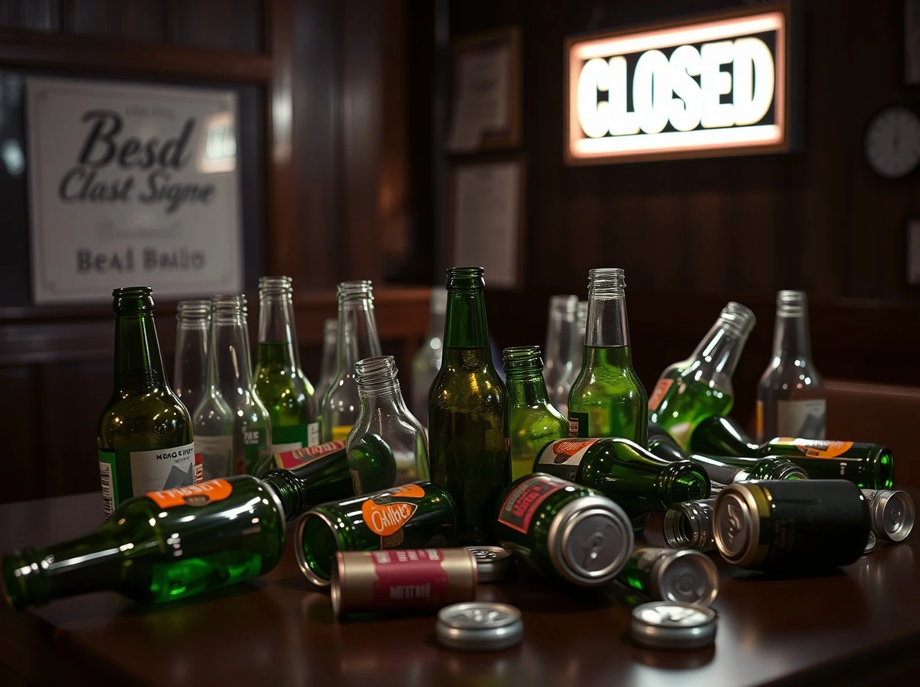Closed beer brand showing empty bottles and shutdown signage