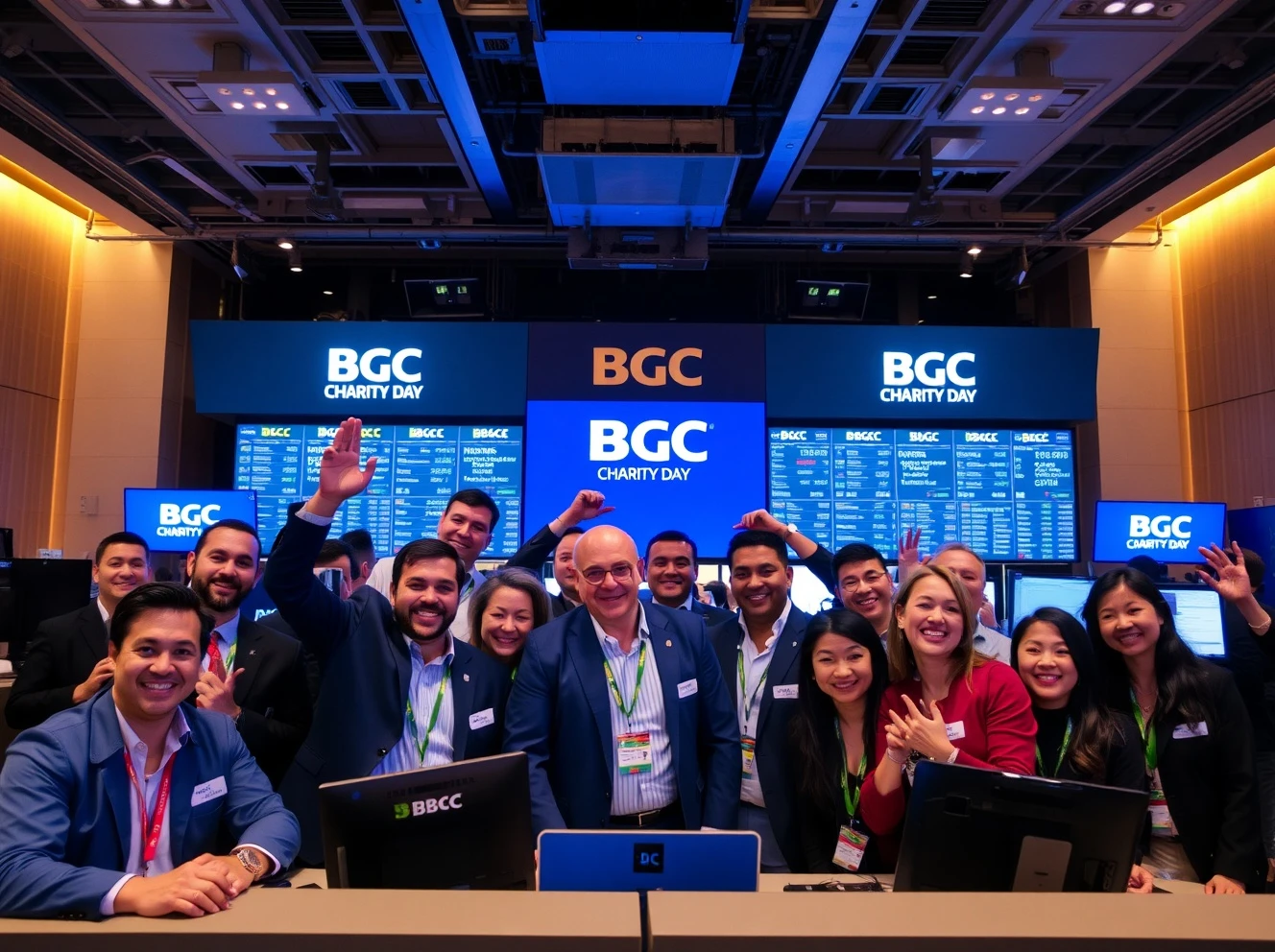 BGC Charity Day 2025 trading floor with celebrities and brokers raising funds for charity