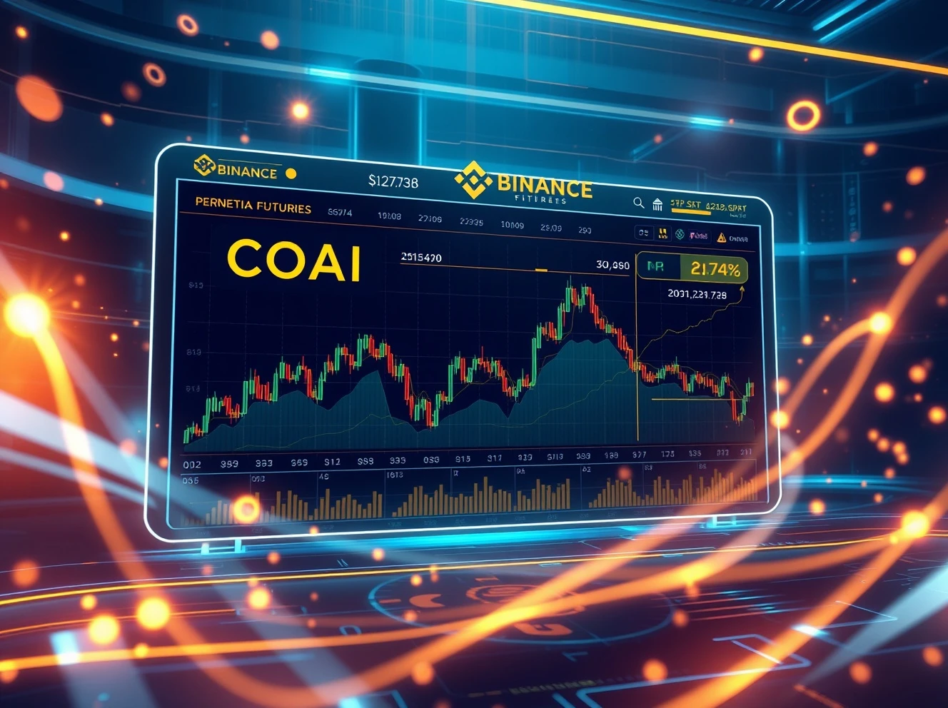Binance COAI perpetual futures trading dashboard showing leverage options and price charts