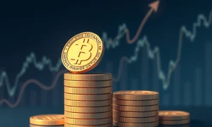 Bitcoin activity stabilization showing coins stacking upward with stable market graph