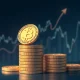 Bitcoin activity stabilization showing coins stacking upward with stable market graph