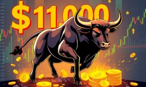 Bitcoin bull breaking through $112,000 resistance level showing market momentum