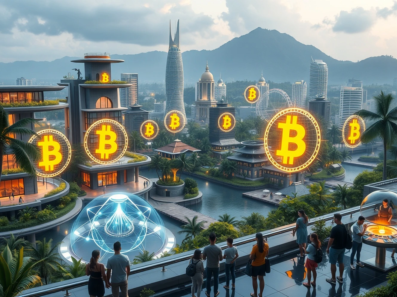 Future Bitcoin community hub in Bali integrating AI education and sustainable living with digital currency infrastructure