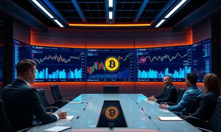 Corporate boardroom analyzing Bitcoin treasury strategy with digital charts and financial data visualization