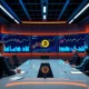 Corporate boardroom analyzing Bitcoin treasury strategy with digital charts and financial data visualization