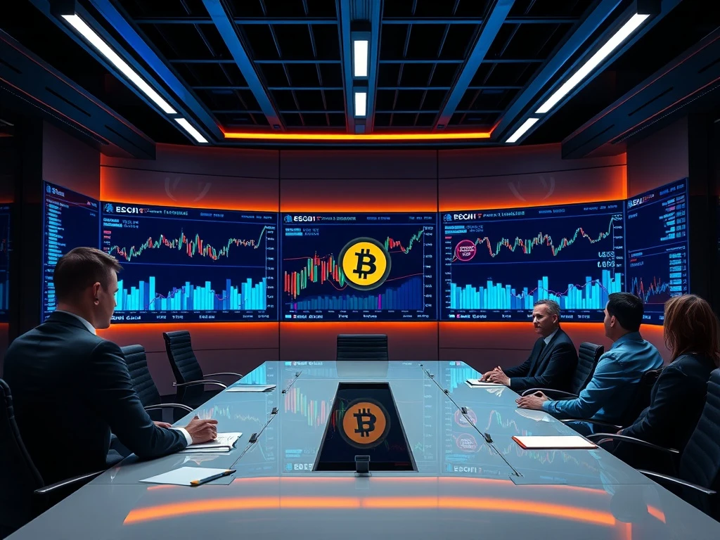 Corporate boardroom analyzing Bitcoin treasury strategy with digital charts and financial data visualization