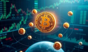 Bitcoin dominance gravitational effect on cryptocurrency market with altcoins orbiting around central BTC symbol