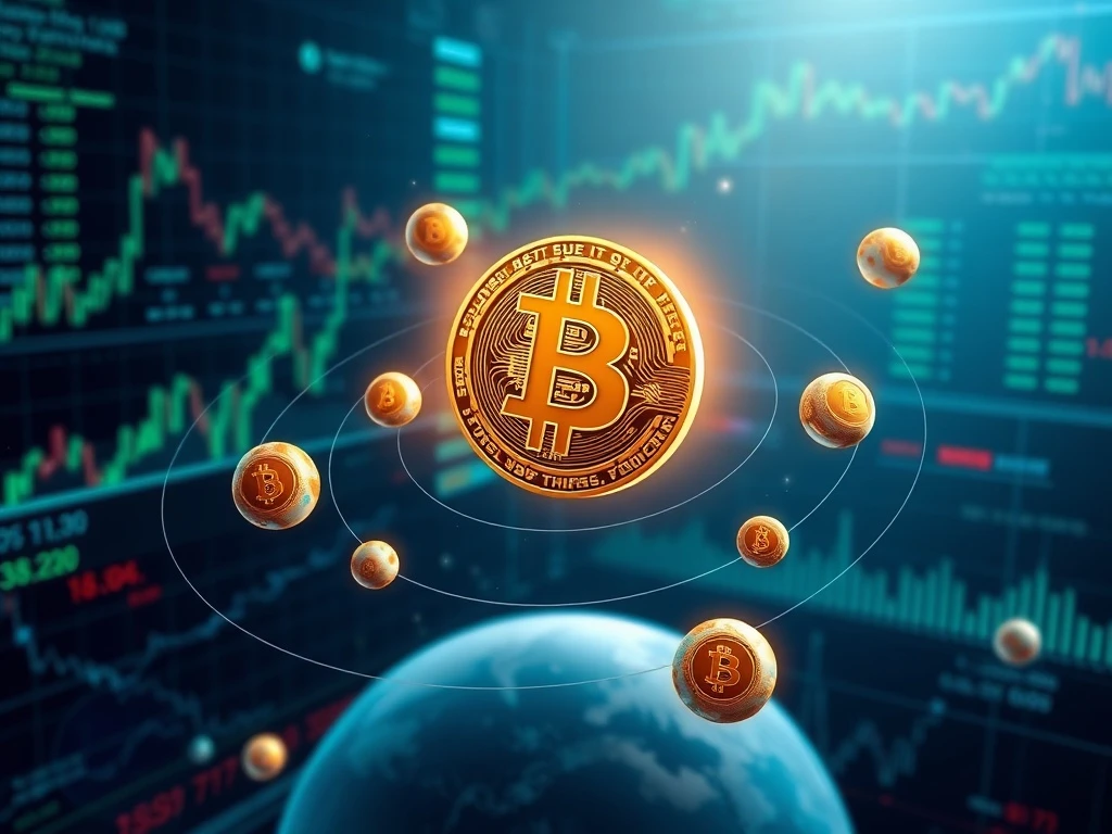 Bitcoin dominance gravitational effect on cryptocurrency market with altcoins orbiting around central BTC symbol