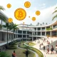 Bitcoin-powered futuristic educational campus in Bali showcasing AI and human collaboration in tropical setting