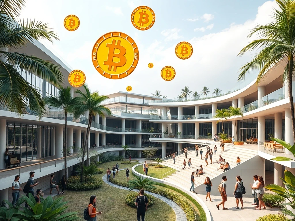 Bitcoin-powered futuristic educational campus in Bali showcasing AI and human collaboration in tropical setting