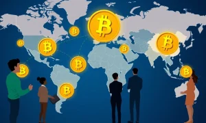 Experts discussing Bitcoin global adoption features on digital world map background