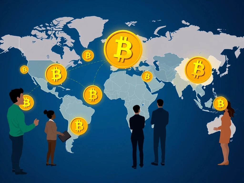 Experts discussing Bitcoin global adoption features on digital world map background