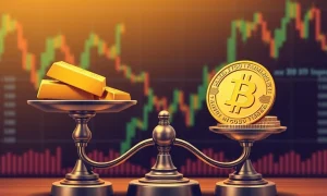 Bitcoin Gold ratio analysis showing safe-haven asset competition with gold bars and cryptocurrency visual comparison