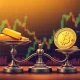 Bitcoin Gold ratio analysis showing safe-haven asset competition with gold bars and cryptocurrency visual comparison