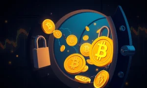 Bitcoin liquidity collapse illustration showing coins locked in institutional vaults