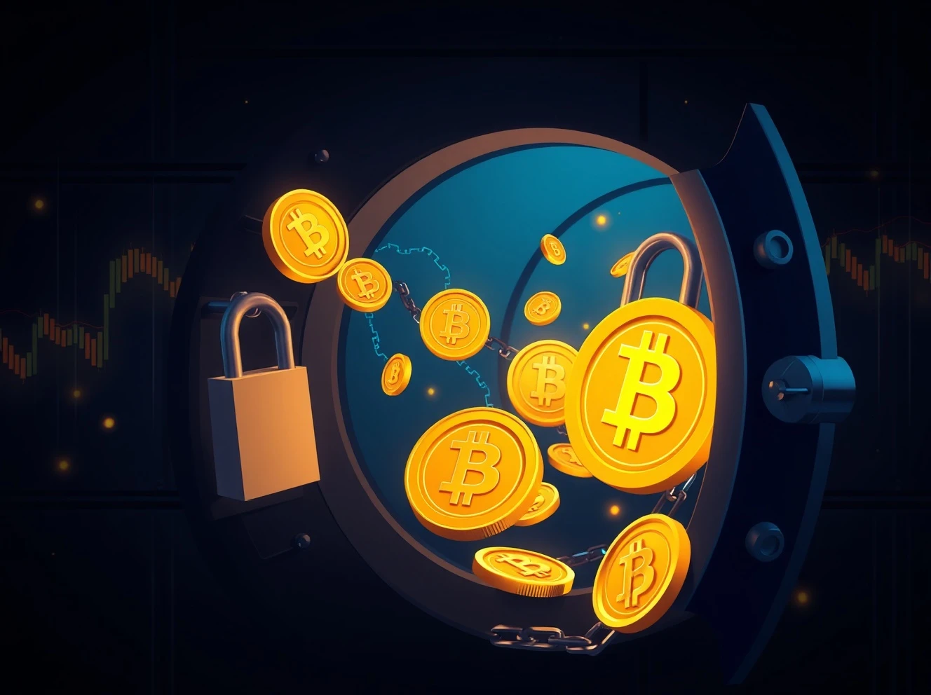 Bitcoin liquidity collapse illustration showing coins locked in institutional vaults