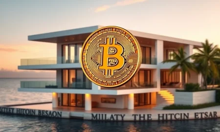 Bitcoin luxury real estate transaction showcasing digital currency integration with high-end property investments