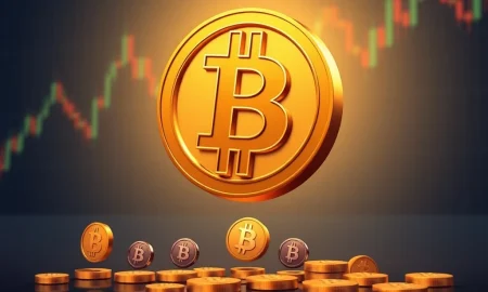 Bitcoin market dominance shown as large BTC symbol overshadowing fading altcoins with investors moving toward safety