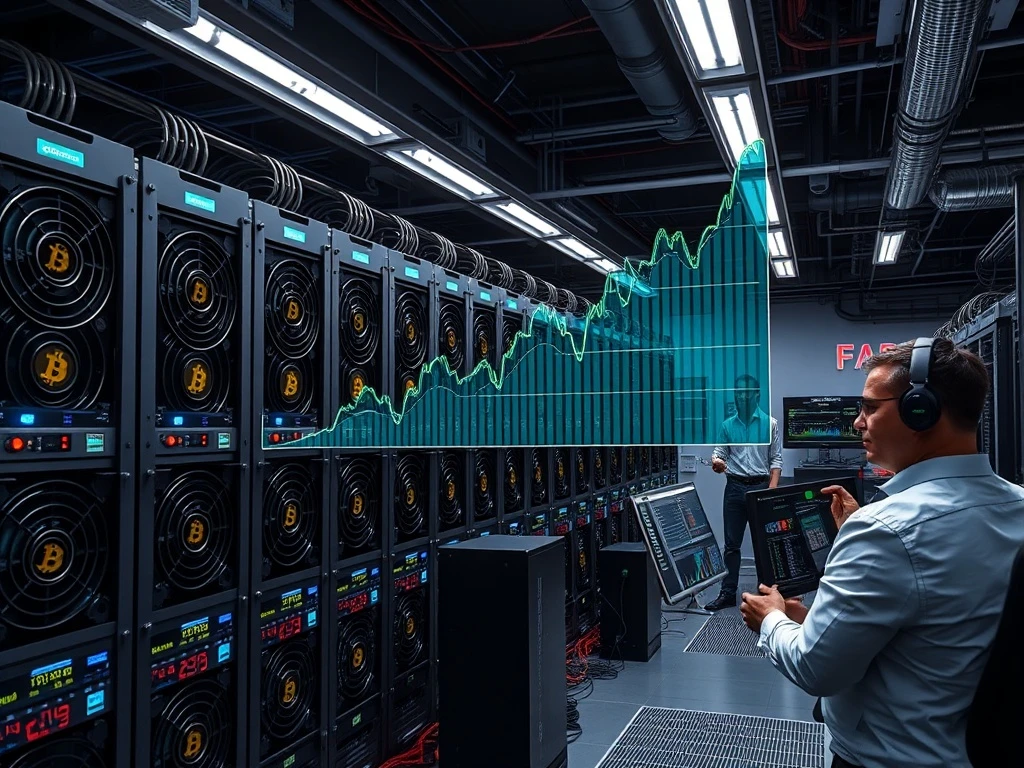 Bitcoin miners facility showing advanced technology and growth charts during institutional ETF boom