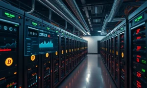 Bitcoin miners profitability challenges in modern mining facility with operational metrics dashboard