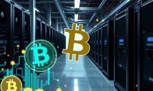 Bitcoin mining equipment facility showing modern ASIC miners in industrial setting with investment opportunity graphics