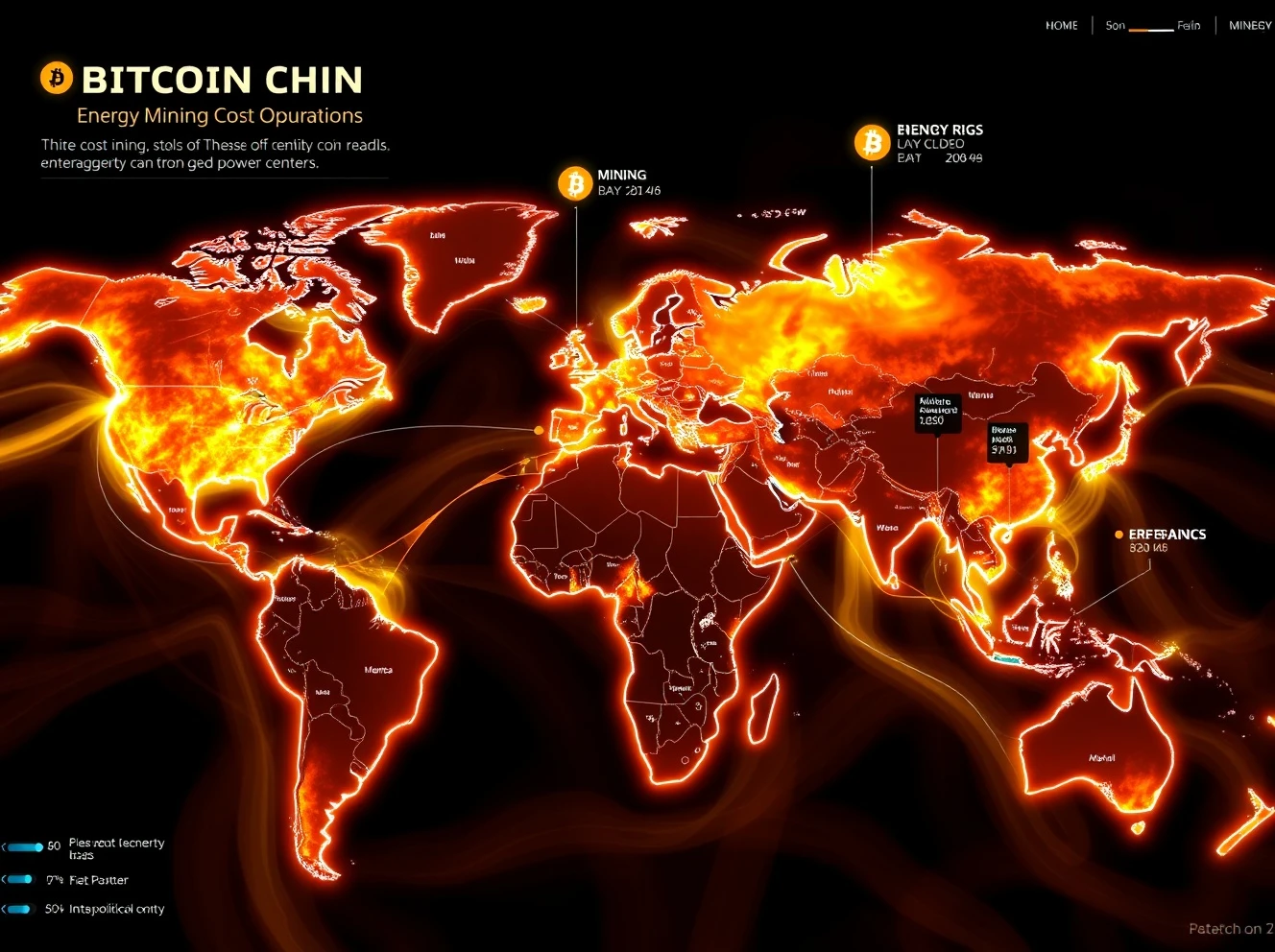 Global Bitcoin mining operations showing energy cost disparities and geopolitical influence on cryptocurrency markets