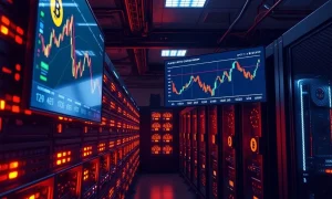 StandardHash Bitcoin mining facility with stock market data visualization showing rapid IPO progression