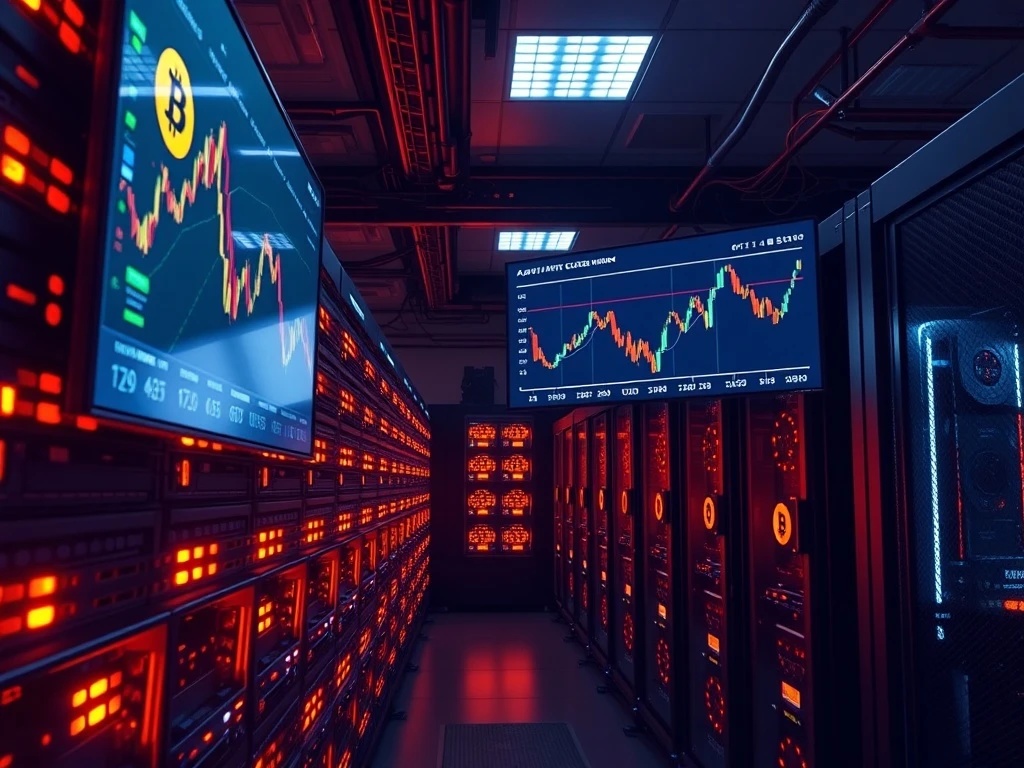 StandardHash Bitcoin mining facility with stock market data visualization showing rapid IPO progression