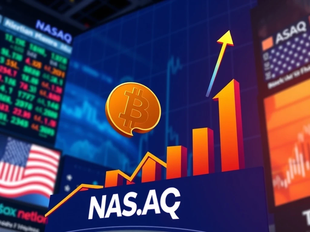 Bitcoin Nasdaq listing celebration with stock chart surge and digital currency symbolism