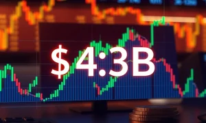Bitcoin options expiration countdown showing $4.3 billion at stake with market volatility indicators